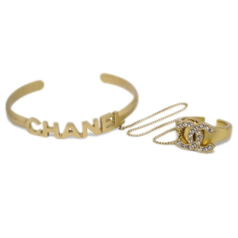 Chanel Logo Bangle With Chain Attached Cc Metal With Crystal Gold Gold_Plated